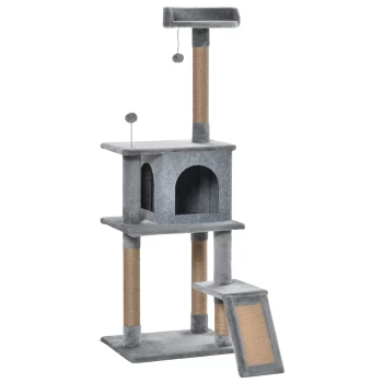 Image of PawHut Cat Tree Tower 142cm Climbing Kitten Activity Center with Jute Scratching Post Board Perch Roomy Condo Removable Felt Hanging Toy, Grey