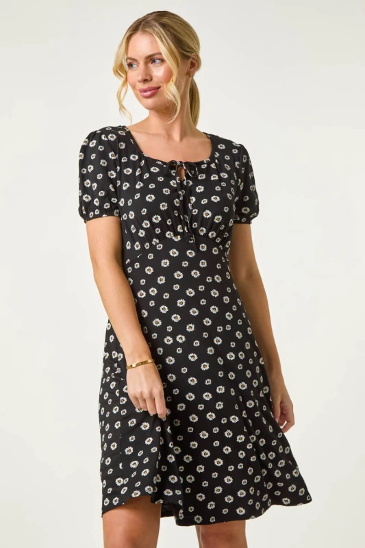 Image of Roman Womens Petite Ditsy Floral Tie Detail Dress in Black Size: 18 Black Female 18