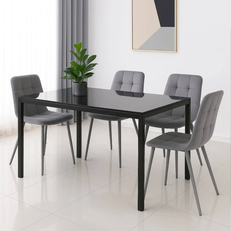 Image of Kosy Koala Modern Black Glass Dining Table Set With 4 Grey Velvet Chairs Dining Room Furniture