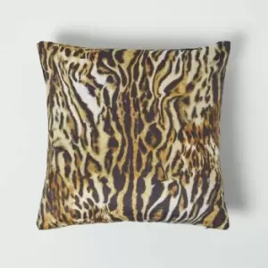 Image of Tiger Print Velvet Cushion 46 x 46cm - Gold, Black - Homescapes