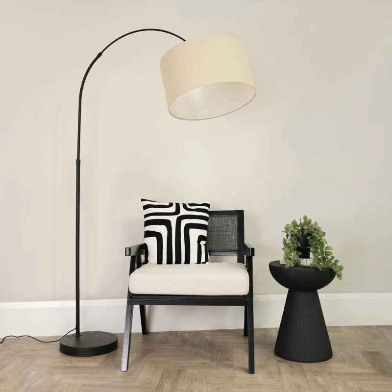 Image of ValueLights Louis Black Arched Curved Floor Lamp with Fabric Drum Lamp Shade Natural