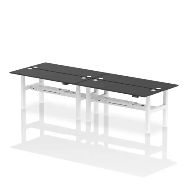 Image of Air Air Back-to-Back 1800 x 600mm Height Adjustable 4 Person Bench Desk Black Top with Cable Ports White Frame HASCP4P18600BLKW