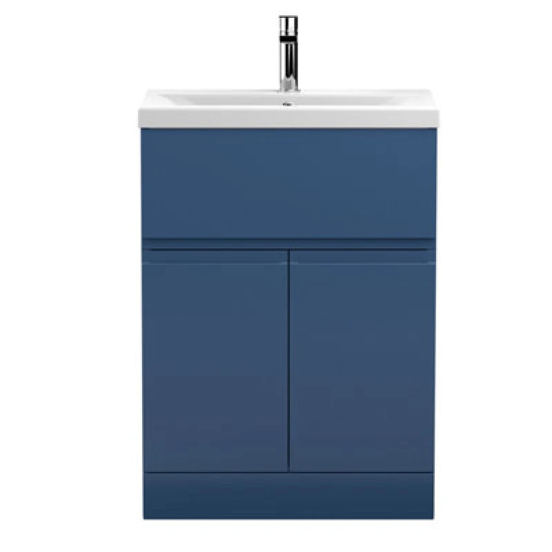 Image of Nuie Hudson Reed Urban Floor Standing 2 Door 1 Drawer Vanity Unit With Mid-Edge Basin, Durable Modern Vanity Unit In Satin Blue, 600mm