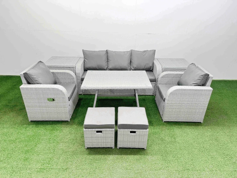 Image of Fimous Reclining Chair 3 Seat Sofa Set Garden Furniture with Dining Table in Light Grey Light Grey Unisex