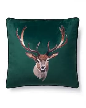 Image of Cotton Traders Stag Velvet Cushion in Green