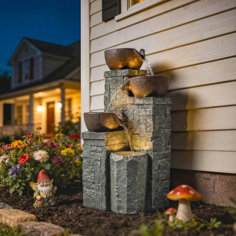 Image of OUTSUNNY 4-Tier Outdoor Fountain with LED Lights, Grey & Rustic Brown Grey Unisex