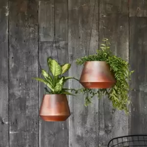 Image of Ivyline Indoor Soho Aged Copper Hanging Planter With Leather Strap - H15Cm X D19Cm