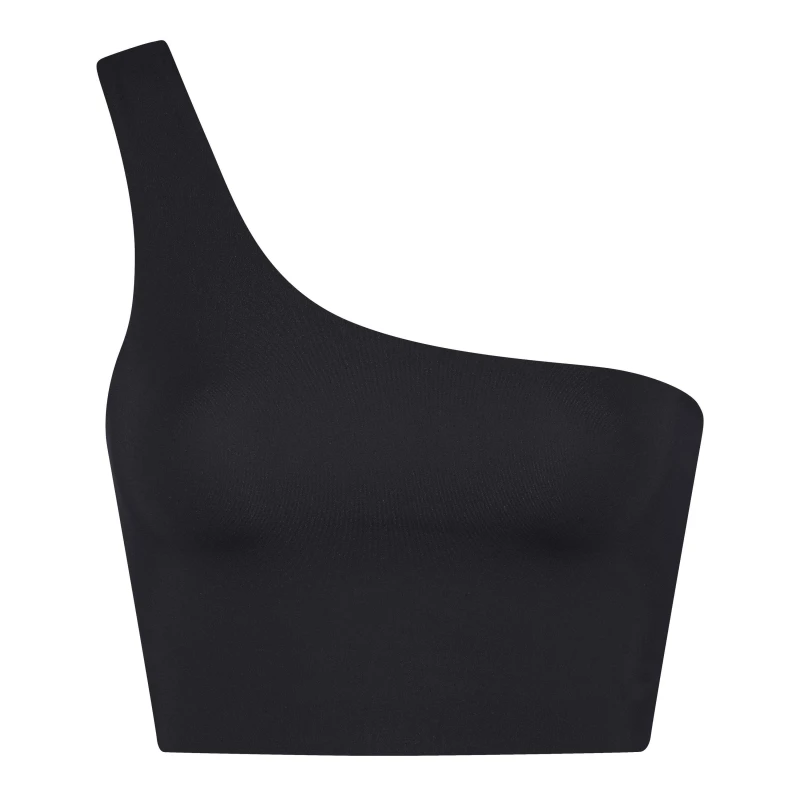 Image of Girlfriend Collective Womens One Shoulder Non Wired Low Impact Sports Bra Black female 10 (S)