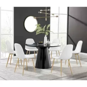 Image of Furniture Box Palma Black Semi Gloss Round Dining Table and 6 White Corona Gold Leg Chairs