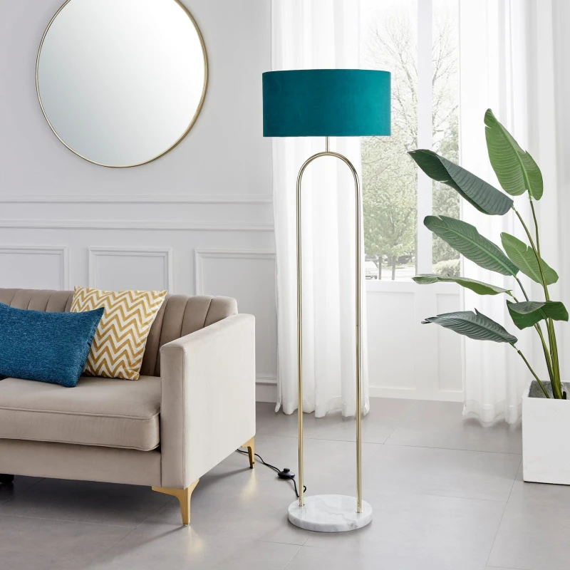 Image of FurnitureboxUK FurnitureboxUK Danielle Art Deco Floor Lamp In Brass Plate With Teal Velvet Shade and Marble Base in Gold Gold One Size Unisex 50565426