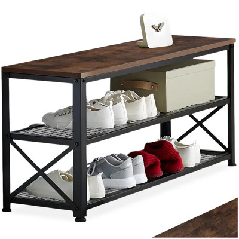 Image of Tectake Shoe Rack Blackpool - Surface Shelf And 2 Grid Shelves, Industrial Style - Industrial Wood Dark, Rustic