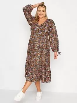 Image of Yours Tiered Tie Sleeve Dress Trans Floral, Black, Size 18, Women