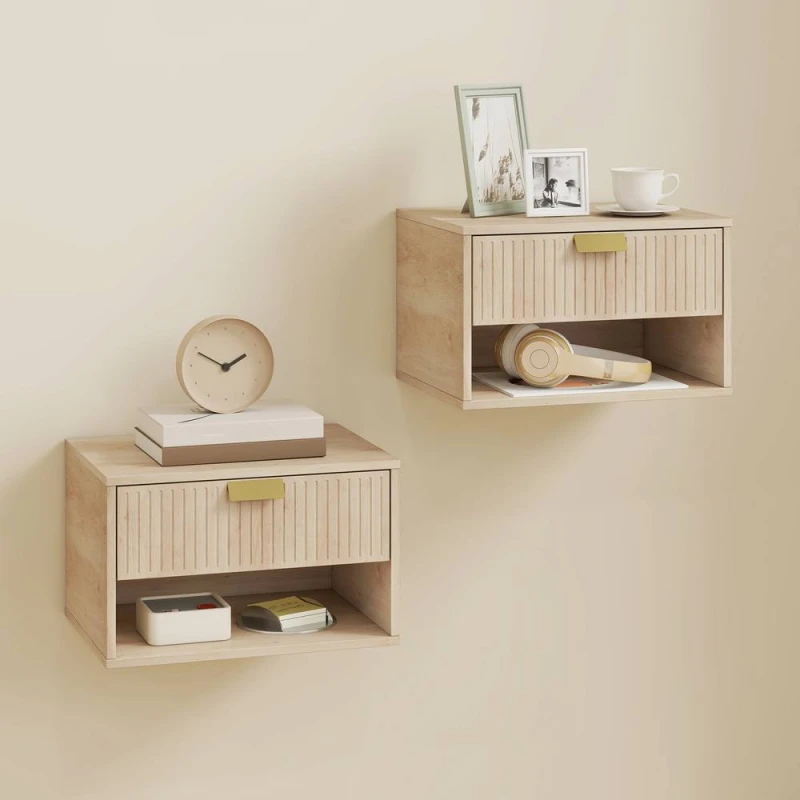 Image of HOMCOM Floating Bedside Tables Set of 2 with Fluted Drawer Open Shelf in Light Brown Size: 40cm x 30cm Light Brown Unisex 40cm x 30 cm