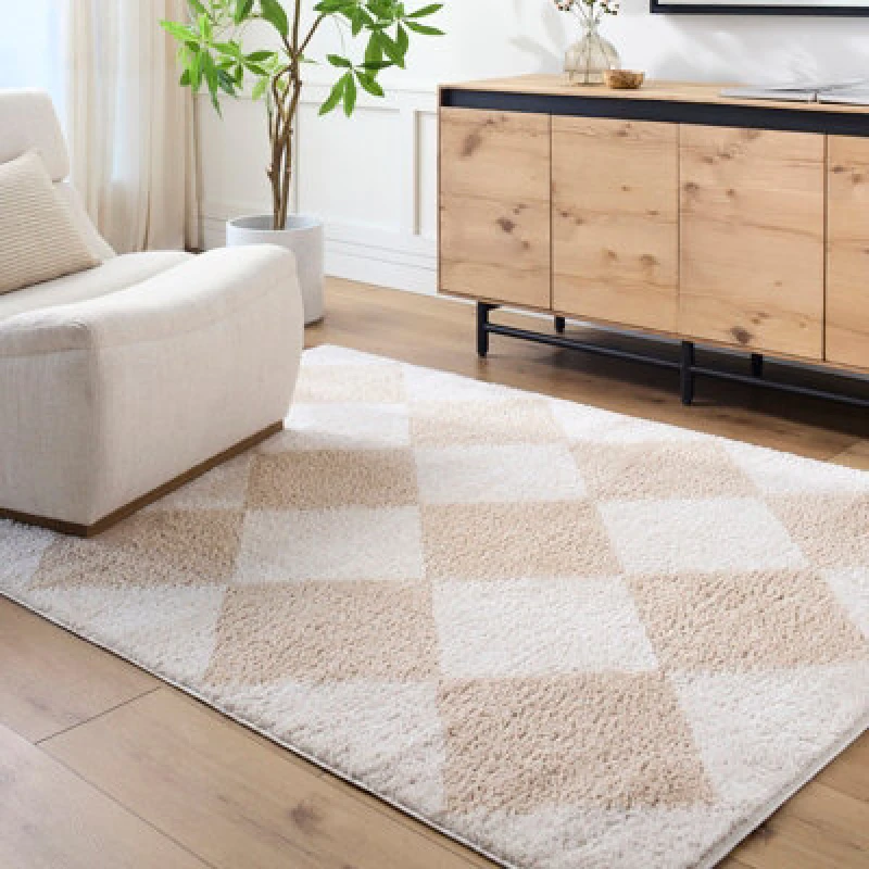 Image of Livabliss Machine Washable Shaggy Diamond Beige Deline Area Rug 200 X 275cm - Easy Care, Non Shedding, Ideal For Living Room & Bedroom