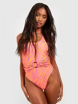 Image of Boohoo Zebra Scoop Neck Swimsuit - Pink, Size 12, Women