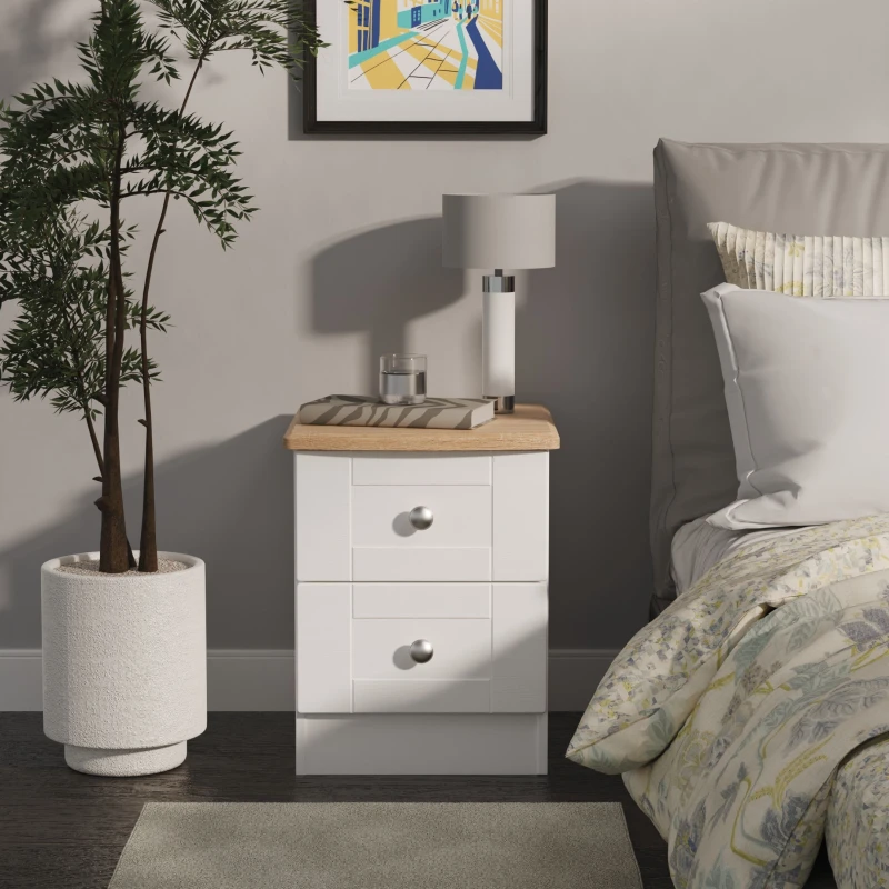 Image of Welcome Furniture Ready Assembled Sussex 2 Drawer Bedside Cabinet In White Ash & Bardolino Oak, White SUS005WABO