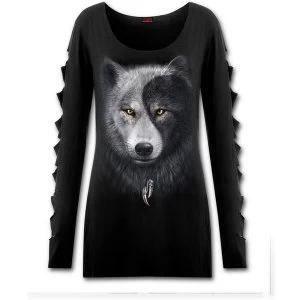 Image of Wolf Chi Slashed Sleeve Boatneck Womens Large Long Sleeve Top - Black