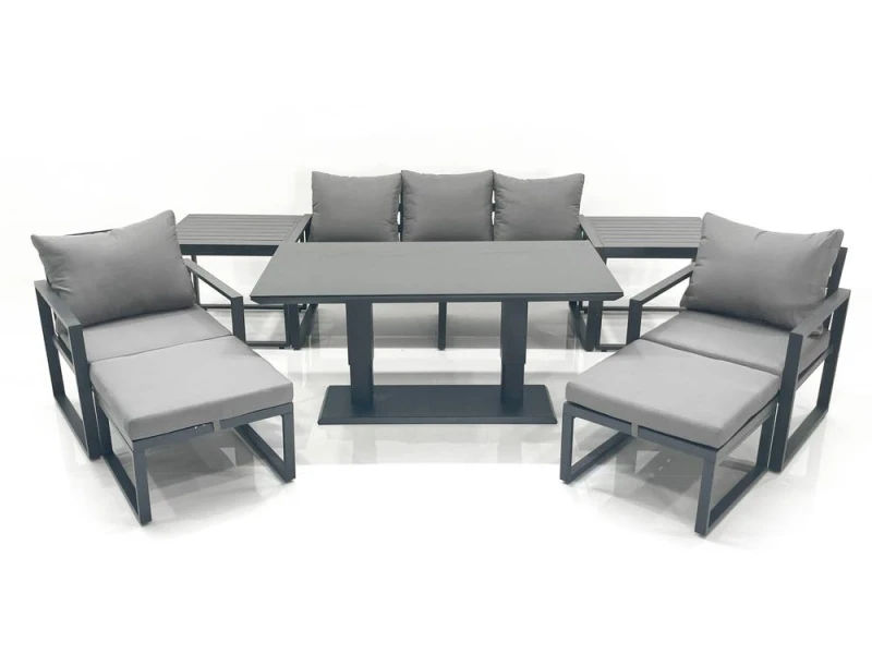 Image of Fimous Outdoor Aluminium Garden Furniture Set w/ Adjustable Rising Lifting Dining Table 3 Seater Sofa 2 Chair 2 Big Footstools 2 Side Tables Dark Grey