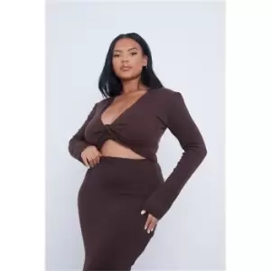 Image of I Saw It First Chocolate Plus Size Knot Front Flared Sleeve Knitted Crop Top - Brown