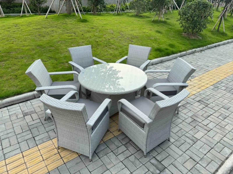 Image of Fimous Rattan Garden Furniture Set 1 Big Round Coffee Table & 6 Seater Chairs in Light Grey Light Grey Unisex