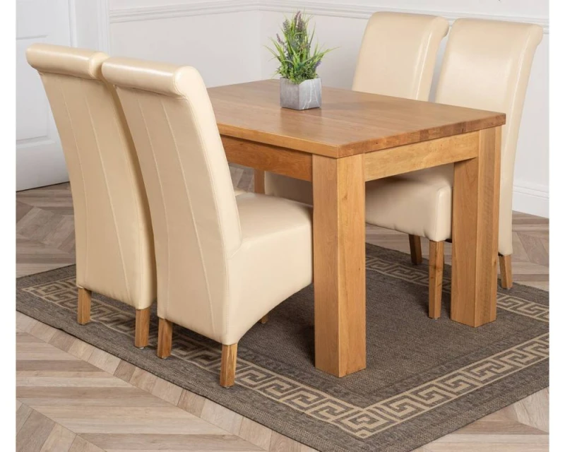 Image of Thats Furniture Dakot 127 x 82cm Oak Small Dining Table & 4 Montana Leather Chairs in Cream Size: 127 x 82cm Cream Unisex 127 x 82 cm