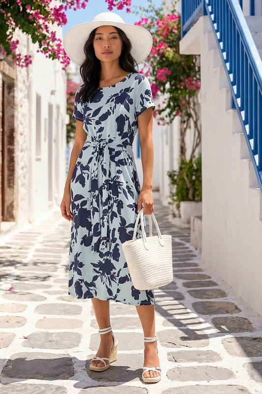 Image of Roman Womens Petite Floral Tie Front Stretch Midi Dress in Blue Size: 10 Blue Female 10