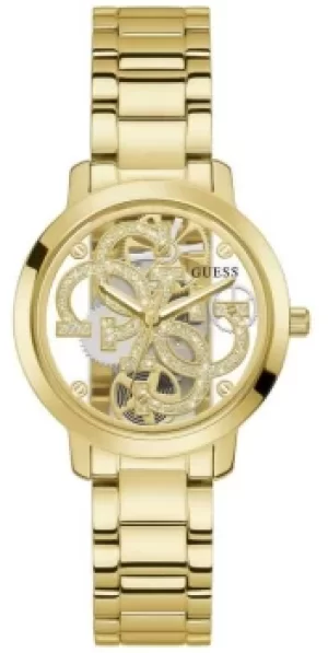 Image of Guess QUATTRO CLEAR Womens Transparent Dial Gold Bracelet Watch