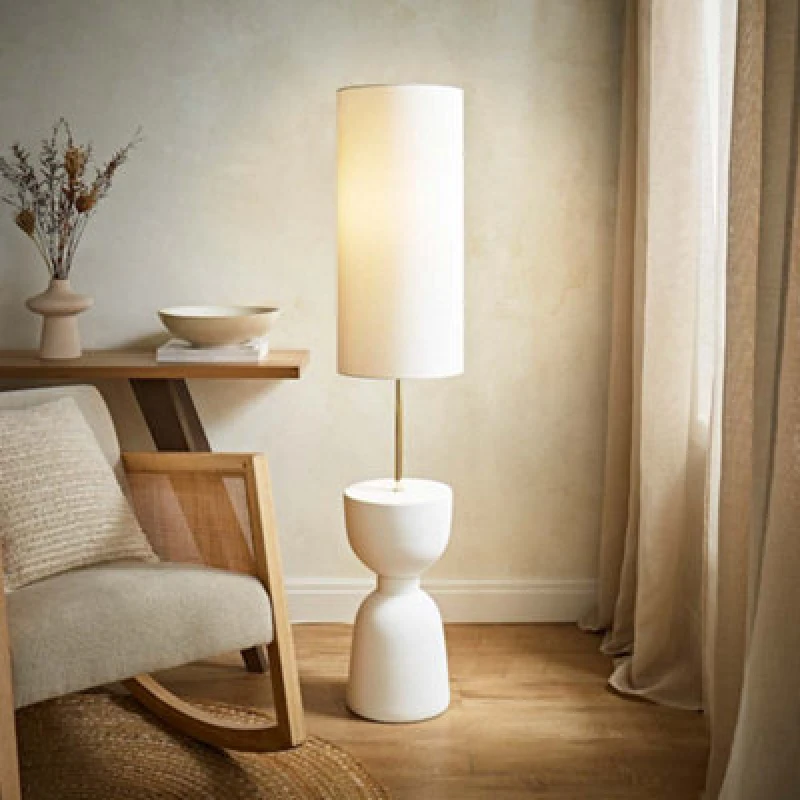 Image of ValueLights ValueLights Esme Linen Tall Lamp Shade Ceramic Table Midi Floor Lamp in Cream Cream One Size Unisex 5016529271864