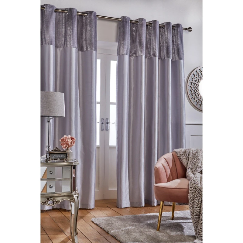 Image of Homelife Striped Metallic Cuff with Faux Silk Eyelet Curtains - Silver Silver 46x54 Inch