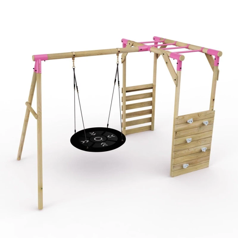 Image of Rebo Wooden Single Swing Set with Climbing Wall and Monkey Bars - Mercury Pink Pink