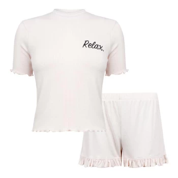 Image of Fabric Waffle Cotton Frilly Shorts Pyjama Set with Relax Slogan - Oat/Cream