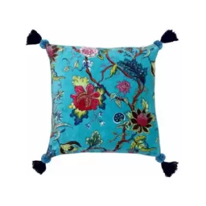 Image of Riva Paoletti Tree Of Life Faux Velvet Tasselled Cushion Cover, Kingfisher, 50 x 50 Cm