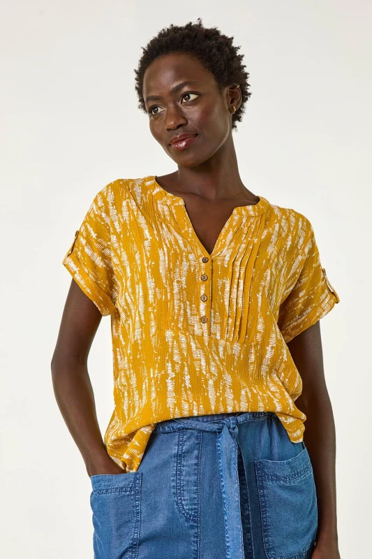 Image of Roman Womens Abstract Print V-Neck Button Top in Yellow Size: 18 Yellow Female 18