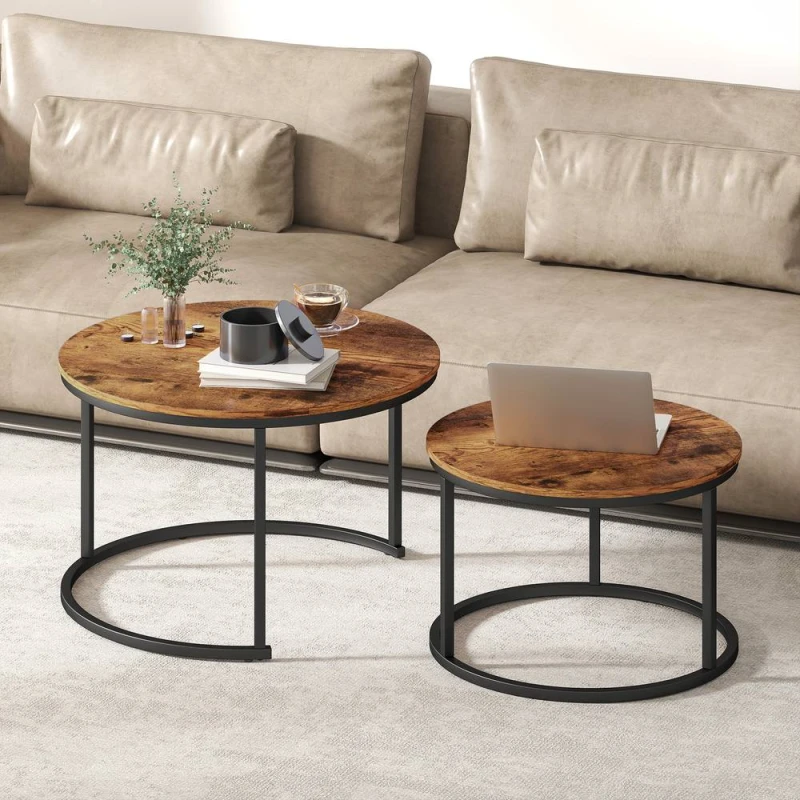 Image of HOMCOM Marble Coffee Table Set of 2, Round Nest of Tables, Rustic Brown Brown Unisex