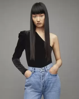 Image of AllSaints Womens Daphne Velvet Bodysuit, Black, Size: 16