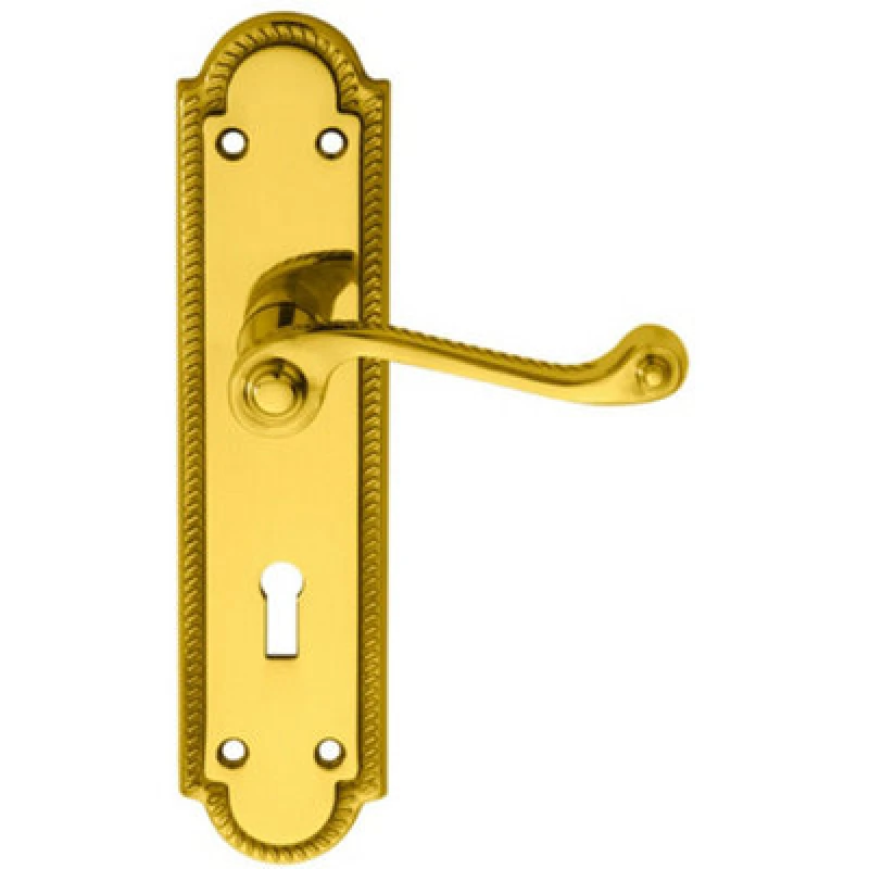 Image of Loops PAIR Reeded Scroll Handle on Shaped Lock Backplate 205 x 49mm Polished Brass Metallics