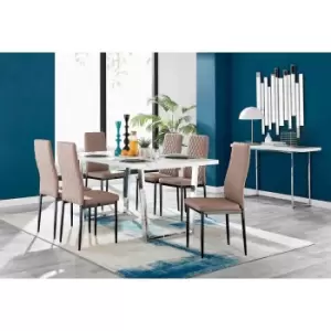 Image of Furniture Box Kylo White High Gloss Dining Table and 6 Cappuccino Milan Black Leg Chairs
