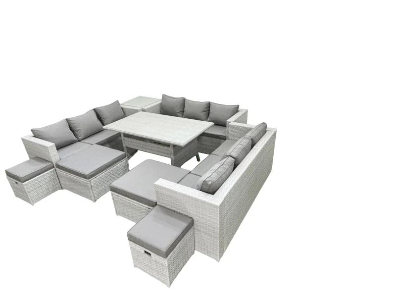 Image of Fimous Rattan Garden Furniture Dining Set 13 Seater Lounge Sofa Dining Table Set with 4 Footstools Side Table Light Grey Mixed Light Grey