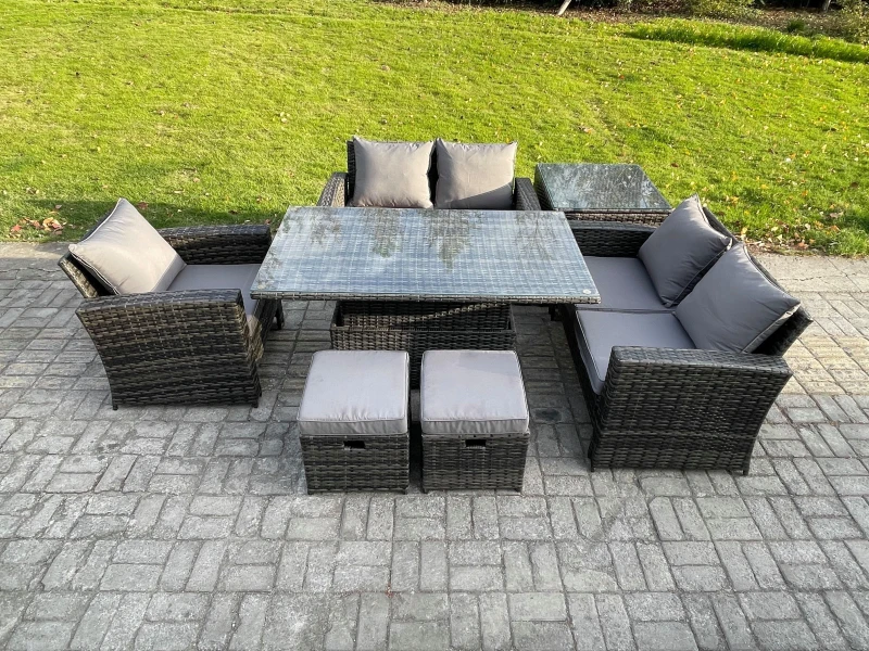 Image of Fimous 7pcs Rattan Outdoor Garden Furniture Set Height Adjustable Rising Lifting Table Sofa Dining Set with Side Table 2 Small Footstools in Dark Grey