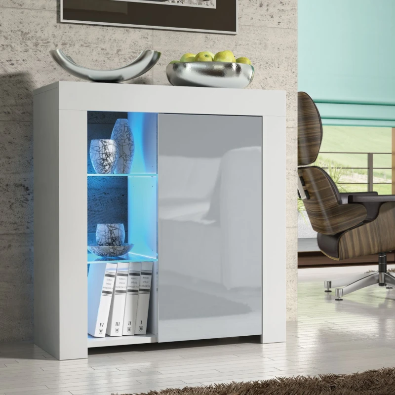 Image of Mex Furniture LTD Sideboard with LED Lighting & Gloss Doors / 83cm in Light Grey Light Grey Unisex