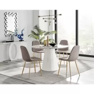 Image of Furniturebox Palma White Marble Effect 120cm Round Minimalist Dining Table & 4 Cappuccino Corona Faux Leather Dining Chairs with Gold Legs Diamond