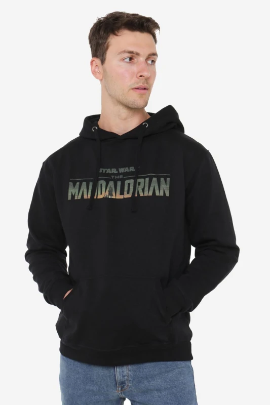 Image of Star Wars Men Star Wars Mandalorian Landscape Logo Pullover Hoodie Black Size: Medium Black M Male 5052777771503