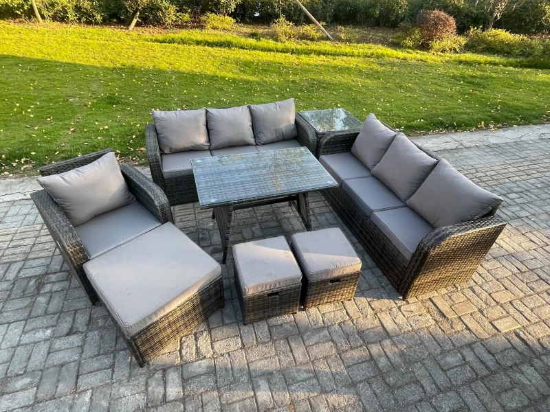 Image of Fimous Wicker 8 Pieces Rattan Garden Furniture Sofa Set with Rectangular Dining Table Armchair 3 Footstools Side Table Dark Grey Mixed Dark Grey