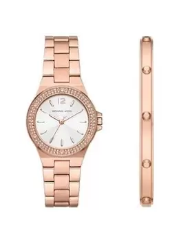 Image of Michael Kors Lennox 3-Hand Rose Gold-Tone Stainless Steel Watch And Bracelet Set