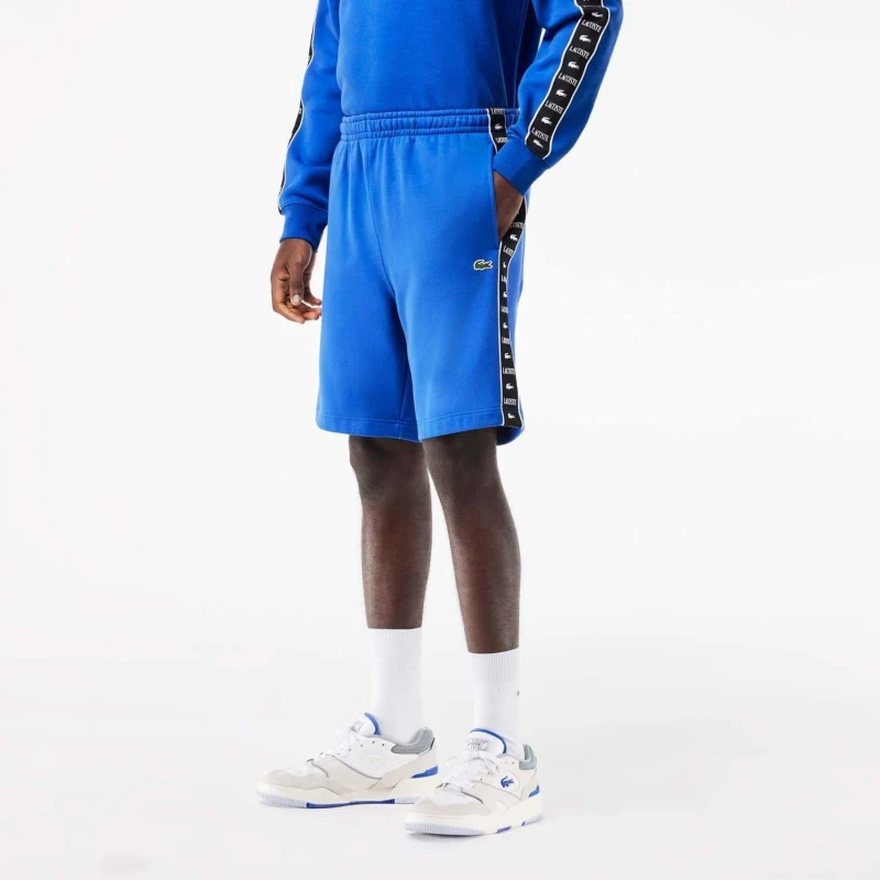 Image of Lacoste Logo Stripe Fleece Jogger Shorts - Blue Blue XS