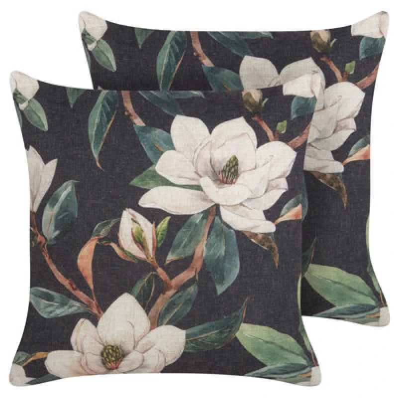 Image of Beliani Set Of 2 Decorative Cushions Zahriye 45 X 45cm Black Floral Pattern