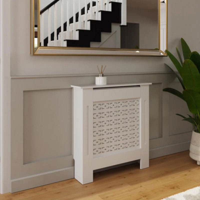 Image of Fwstyle Geometric Pattern Small White Radiator Cover (H) 82.3 (W) 78Cm (D) 19Cm