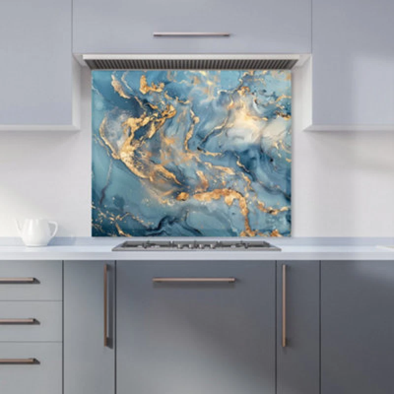 Image of Warren Reed Designer Azure And Gold Marble Effect Kitchen Splashback