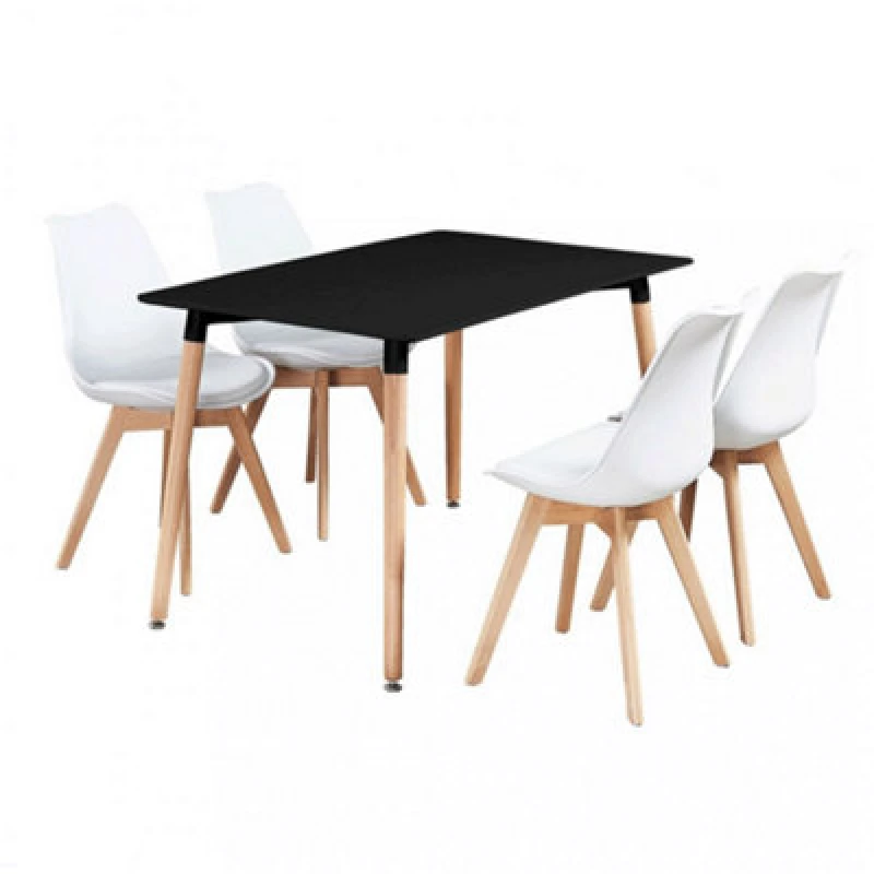 Image of Life Interiors 5Pcs Dining Set - A Black Halo Dining Table & Set Of 4 White Lorenzo Tulip Chairs With Padded Seat
