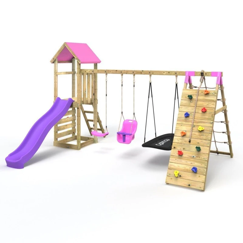 Image of Rebo Wooden Climbing Frame with Swing, Up-and-Over Climbing Wall and Slide - Sanford Pink Pink